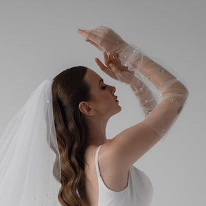 Elegant Pearls Gloves, Shoulder Length Fingerless Gloves, Ivory Pearls Wedding Gloves, One Layer Bridal Gloves, Bridal Dress Accessories