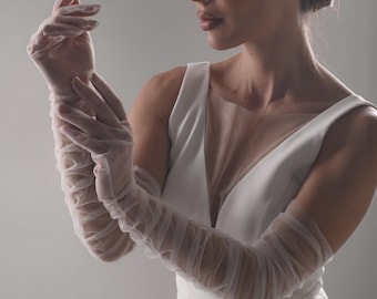 Elfenbein lange Brauthandschuhe, elegante Opern-Länge plissierte Hochzeits-Accessoires