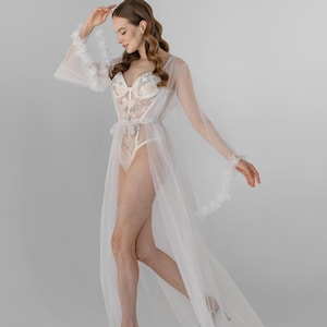 Sheer ivory bridal peignoir robe with flower sleeves, Romantic transparent wedding robe, Bridal dressing gown, Bridal gift, Wedding morning