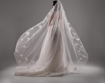 Floral Cathedral Length Veil, Bridal Hair Accessory, 3D Flowers Long Veil, One Layer Wedding Veil, Romantic Bridal Veil, Bridal Accessories