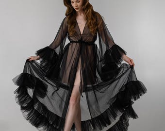 Black Bridal Peignoir Robe with Long Ruffle Sleeves, Sheer Maxi Robe Gown