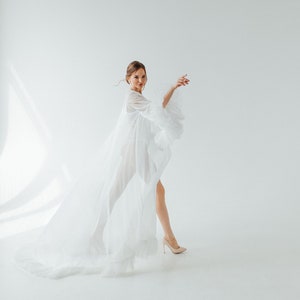 Peignoir With Train And Beautiful Ruffles On The Sleeves, Bridal Robe With Train And Double Italian 3d Mesh, Bride Accessories