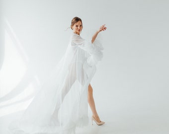 Wedding Morning Peignoir With Train, Long Ruffle Bridal Robe, Long Sleeves Bridal Robe, Transparent Wedding Robe, Ivory Bride Peignoir