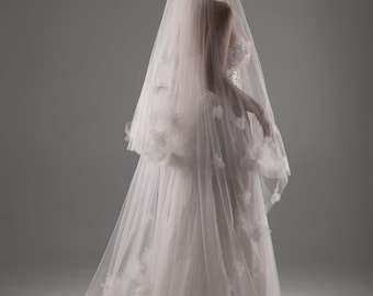 Cathedral Veil Light Ivory, Wedding Veil With 3D Flowers, Fall Bridal Veil, Romantic Floral Bride Headpiece, Two Layer Veil with Blusher