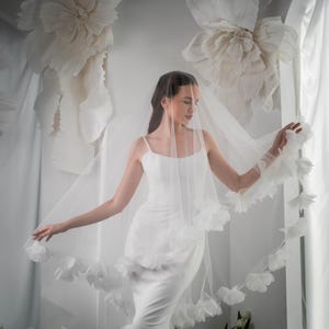 Ethereal Bridal Veil, Elegant 3D Wedding Veil, Floral Ivory Veil, Two Layer Tulle Veil, Bride Headpiece, Ivory Veil with Flowers on Trim