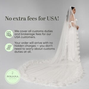 May include: A long white wedding veil with a feathered trim, worn with a white dress. The image includes the text: No extra fees for USA! We cover all customs duties and brokerage fees for our USA customers. Your order will arrive with no hidden charges.