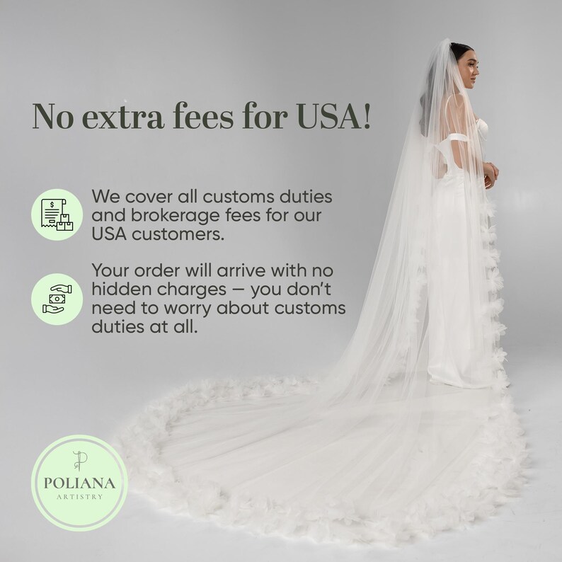 May include: A long white wedding veil with a feathered trim, worn with a white dress. The image includes the text: No extra fees for USA! We cover all customs duties and brokerage fees for our USA customers. Your order will arrive with no hidden charges.