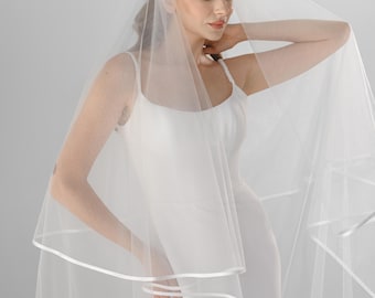 Classic Bridal Veil with Satin Edge, Two Layer Cathedral Wedding Veil, Elegant Ivory Tulle Veil
