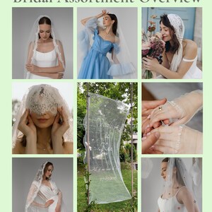 May include: A bridal assortment overview by Poliana Artistry featuring various white veils, including lace-trimmed, floral-embroidered, and sheer styles, alongside a personalised sheer fabric sign with the text Vitalii & Kate and 07.07.2025.