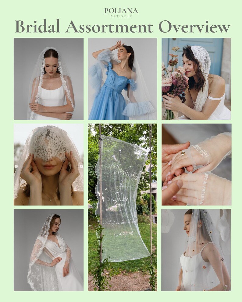 May include: A bridal assortment overview by Poliana Artistry featuring various white veils, including lace-trimmed, floral-embroidered, and sheer styles, alongside a personalised sheer fabric sign with the text Vitalii & Kate and 07.07.2025.
