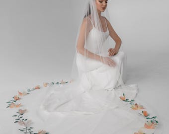 Colored Flowers with Green Leaves Cathedral Veil, Floral Bridal Veil, 3D Embroidery Veil, Romantic Bridal Headpiece, Gardening Wedding Veil