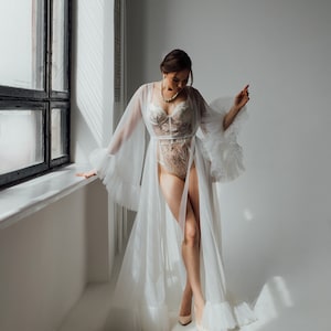 Only Wedding Robe, Romantic Bridal Robe, Vintage Style Peignoir, Robe for Wedding Night, Ruffle Sleeves Peignoir, Transparent Bridal Robe