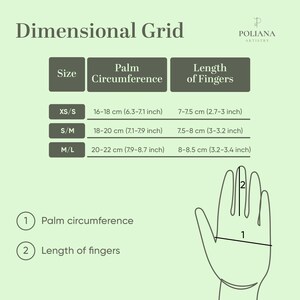 May include: A light green dimensional grid chart by Poliana Artistry showing glove sizing. It lists palm circumference and finger length in cm for sizes XS/S, S/M, and M/L. A hand outline diagram labels palm circumference as 1 and finger length as 2.