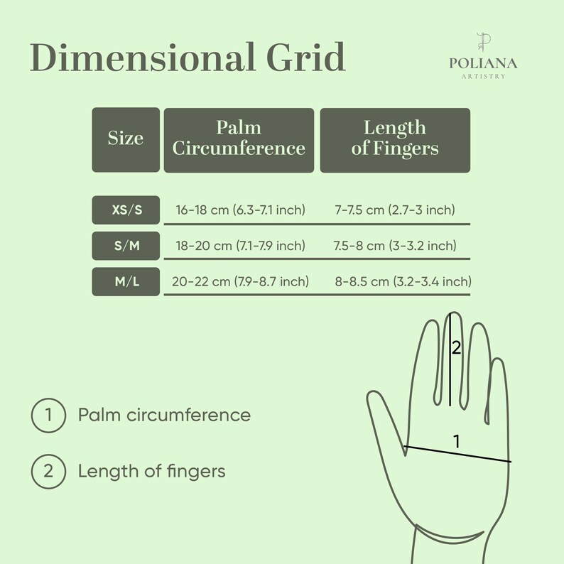 May include: A light green dimensional grid chart by Poliana Artistry showing glove sizing. It lists palm circumference and finger length in cm for sizes XS/S, S/M, and M/L. A hand outline diagram labels palm circumference as 1 and finger length as 2.