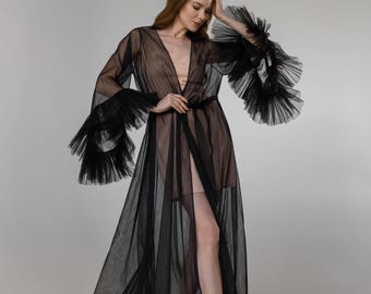 Black Sheer Bridal Robe with Ruffle Sleeves, Gothic Bridal Peignoir, Alternative Wedding Lingerie, Romantic Black Wedding Robe