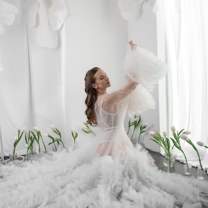 Ivory Bridal Robe with Ruffles: Romantic Wedding Peignoir