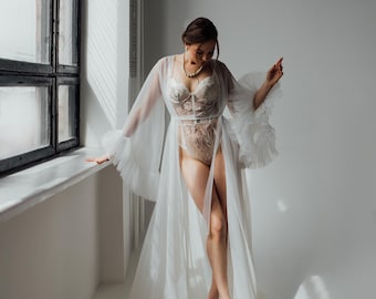 Ruffle Bridal Robe with Train, Wedding Morning Peignoir, Bridal Accessories, Long Boudoir Robe, Bridal Morning Accessories