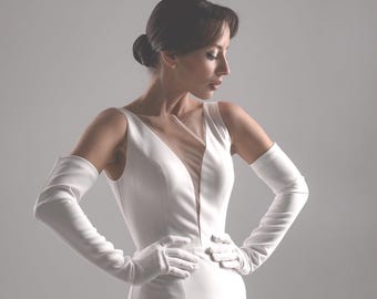 Custom Length Crepe Chiffon Bridal Gloves, Ivory Long Gloves
