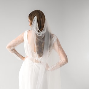 May include: A white bridal veil featuring a delicate beaded trim along the edge, draped over long brown hair. The veil is paired with a white long-sleeved gown that has intricate lace detailing on the sleeves and a row of small buttons at the cuffs.