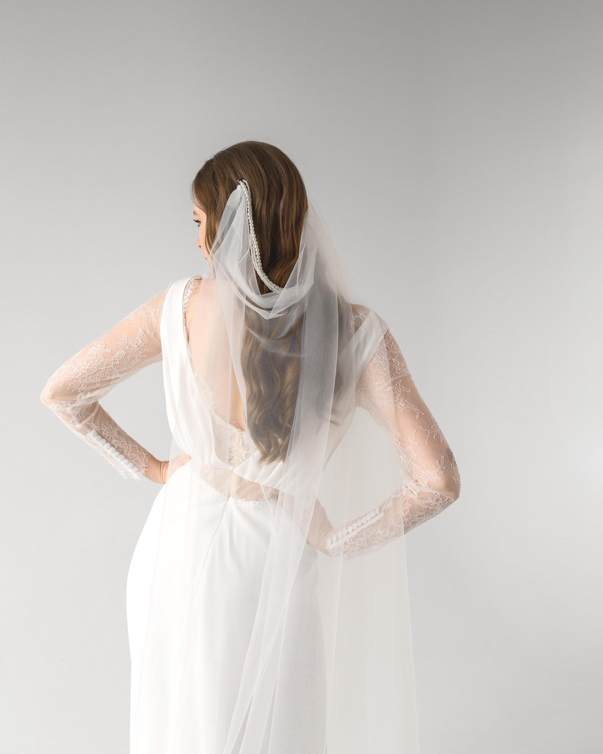 Bohemian Wedding Veil, Light Ivory Tulle Cathedral Length with Pearl…