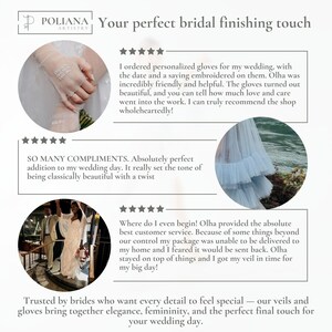 May include: A promotional graphic for Poliana Artistry featuring three circular images: sheer embroidered gloves, a light blue ruffled tulle skirt, and a person in a white lace gown. The text includes customer reviews and the brand name Poliana Artistry.