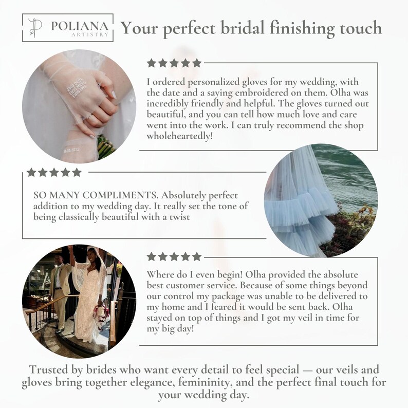 May include: A promotional graphic for Poliana Artistry featuring three circular images: sheer embroidered gloves, a light blue ruffled tulle skirt, and a person in a white lace gown. The text includes customer reviews and the brand name Poliana Artistry.