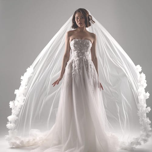 Ivory Cathedral Length Wedding Veil With 3D Flowers, Floral  display picture 3