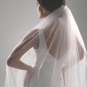 May include: A bride wearing a white wedding dress and veil. The veil is sheer and adorned with small, scattered pearls. The dress is a simple, elegant design with a V-neck and a fitted silhouette.