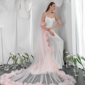 Custom Cathedral Pink Veil, Floral Wedding Veil, 3D Flowers Wedding Veil, Tulle Bridal Veil, Extra Long Veil, Unique Single Tier Pink Veil