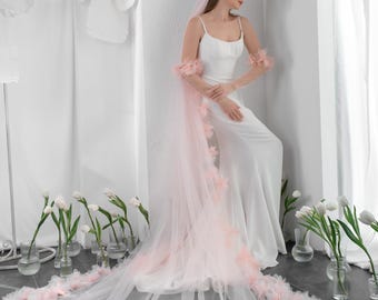 Custom Pink Cathedral Veil, 3D Floral Wedding Veil, Single or Double Tier Bridal Veil