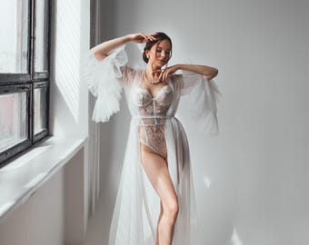Bridal Robe with Train and Ruffle Sleeves, Long Ivory Peignoir, Wedding Morning Robe, Bridesmaid Getting Ready, Bachelorette Party Gift
