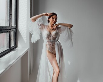 Bridal Robe with Train and Ruffle Sleeves, Long Peignoir for Bride, Wedding Morning Robe, Bridesmaid Getting Ready Robes, Bride Gift Idea