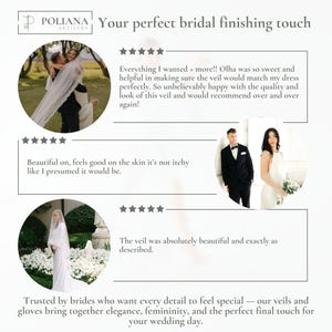 May include: A promotional graphic for Poliana Artistry featuring three circular photographs of individuals wearing white bridal veils and formal attire. The text includes five-star reviews and the phrase Your perfect bridal finishing touch.