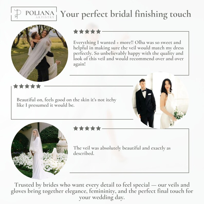 May include: A promotional graphic for Poliana Artistry featuring three circular photographs of individuals wearing white bridal veils and formal attire. The text includes five-star reviews and the phrase Your perfect bridal finishing touch.