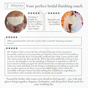 May include: A promotional graphic for Poliana Artistry featuring customer reviews and photos of a white bridal dress, sheer fingerless gloves, and a long veil. The text includes testimonials praising the custom colour matching and service quality.
