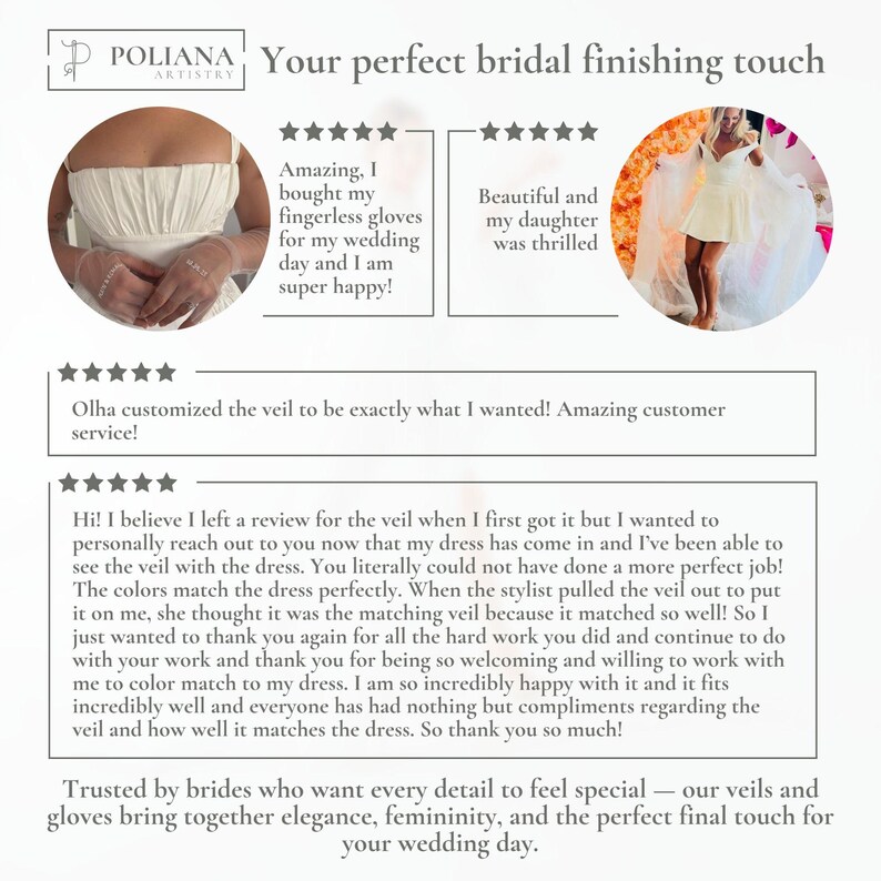 May include: A promotional graphic for Poliana Artistry featuring customer reviews and photos of a white bridal dress, sheer fingerless gloves, and a long veil. The text includes testimonials praising the custom colour matching and service quality.