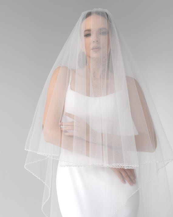 White Layered Bridal Veil with Beaded Edge Two Layer Beaded Edge Elbow Length Bridal Veil main image 3