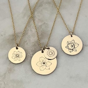Birth Flower Necklace • Personalized Engraved Necklace for Women • Birth Flower Gift • 14K Gold Filled or 925 Sterling Silver