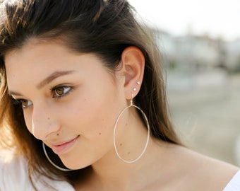 Statement Hoop Earrings Long Drop Circle Earrings Dangle and Drop Silver Hoop Earrings Delicate Dangling Hoops Modern Long Earrings