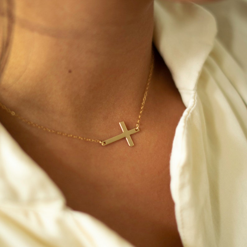Gold Sideways Cross 14k Gold Filled Modern Cross Necklace image 3