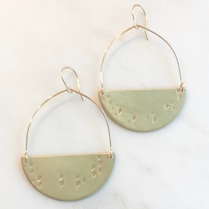 Half Circle • Half Moon Earrings • Gold Large Textured Hoop Earrings With Half Moon Charm