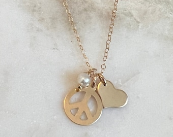 Peace and Love Necklace • Peace Sign Necklace • Heart Charm Necklace • Pearl Necklace