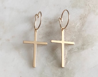 14K Gold Filled Cross or 925 Sterling Silver Hoop Earrings