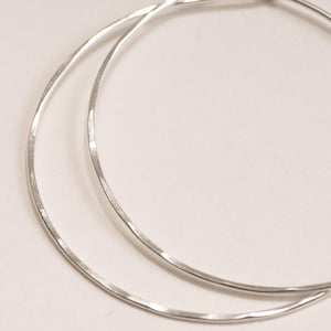 May include: A pair of thin, circular hoop earrings crafted from polished silver-toned metal. The surface of the hoops features a subtle hammered texture, creating small, reflective facets along the rounded wire structure of the jewelry pieces.