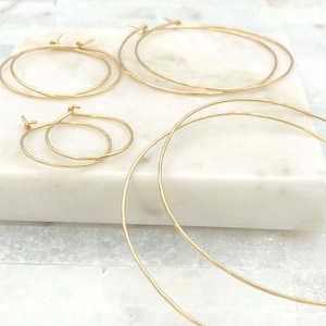 Thin Gold Classic Hoop Earrings • Small to Large Thin Hoop Earrings • 14K Gold Filled Threader Hoop Earrings • Hammered or Smooth