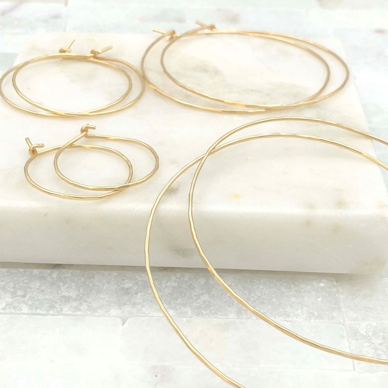 Thin Gold Classic Hoop Earrings • Small to Large Thin Hoop Earrings • 14K Gold Filled Threader Hoop Earrings • Hammered or Smooth 