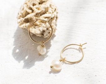 Tiny Gold Hoop Earrings With Mini Pearl • 14k Gold Filled Hoop • Fresh Water Pearl