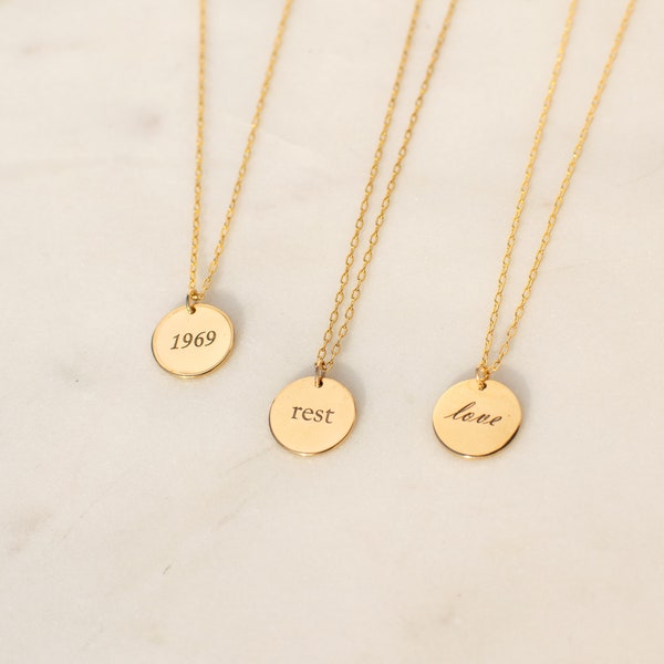 Small 13mm Gold Disc Necklace • 14K Gold Filled • Dainty Gold Circle Necklace Initial Necklace • Gold Filled Necklace • Engraved Necklace