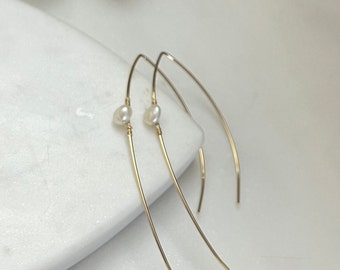 Narrow Arc with Pearl Threader Earrings • Elegant 14k Gold Filled Threader Earrings • Simple Thin Wire Hoop Earrings