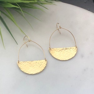 Half Circle - Half Moon Earrings - Gold Large Hammered Hoop Earrings With Half Moon Charm